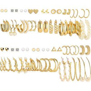 36 Pairs Gold Earrings Set Womens Girls Fashion Pearl Chain Link Stud Dangle